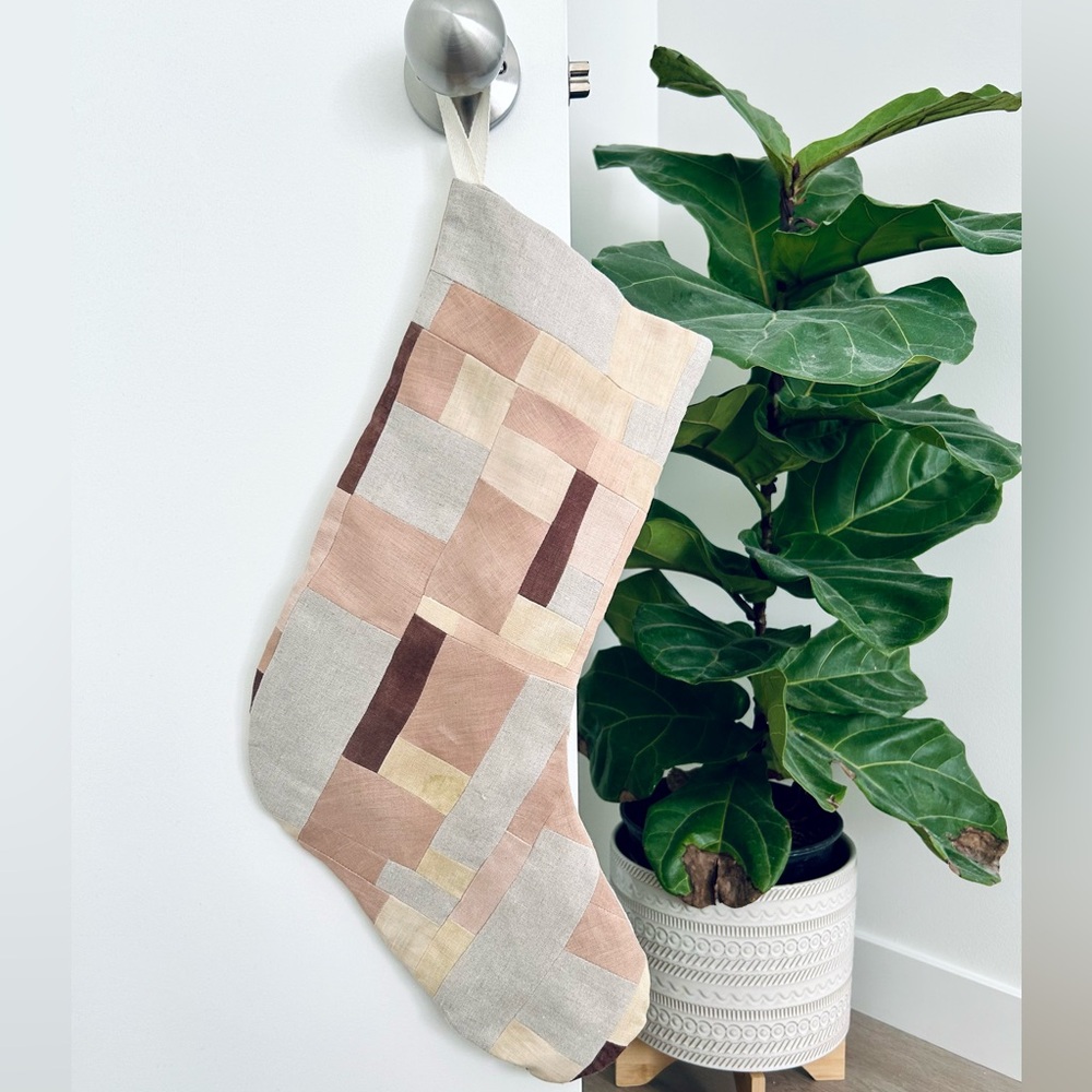 Linen Patchwork Quilted Christmas Stocking Natural Dyed Handmade Quilt Lined Avo